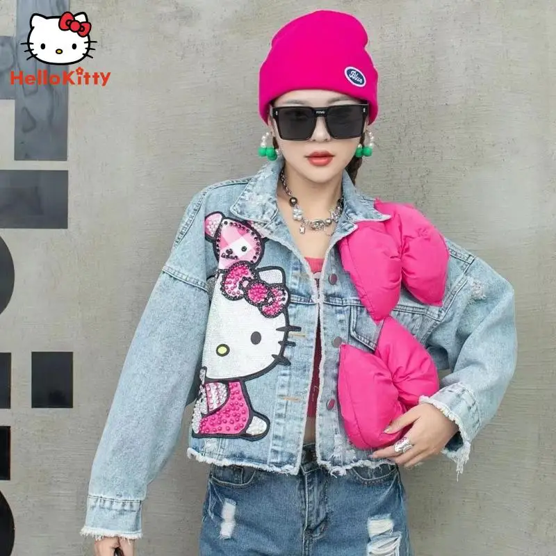 Anime Cartoon Hellokitty Heavy Industry Sequins Beading Coat Street Retro Style Fashion Short Style Loose Long Sleeves Jacket