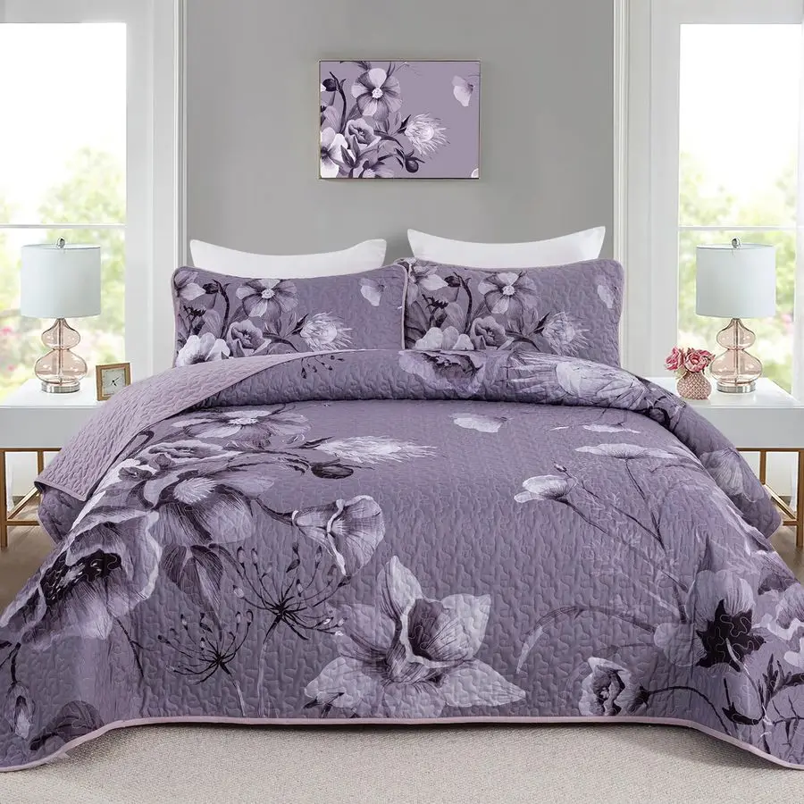 

Quilt Set King Size Bedding Set 3 Pieces Dark Purple Boho Floral Quilt Bedspread Soft Microfiber Lightweight Flower Coverlet Set