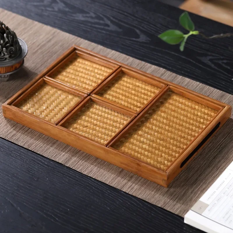 Retro Bamboo Woven Fruit Plate Large Lacquer Grid Tea Tray Storage Dry Bubble Tray Household Refreshment Tray Japanese Style
