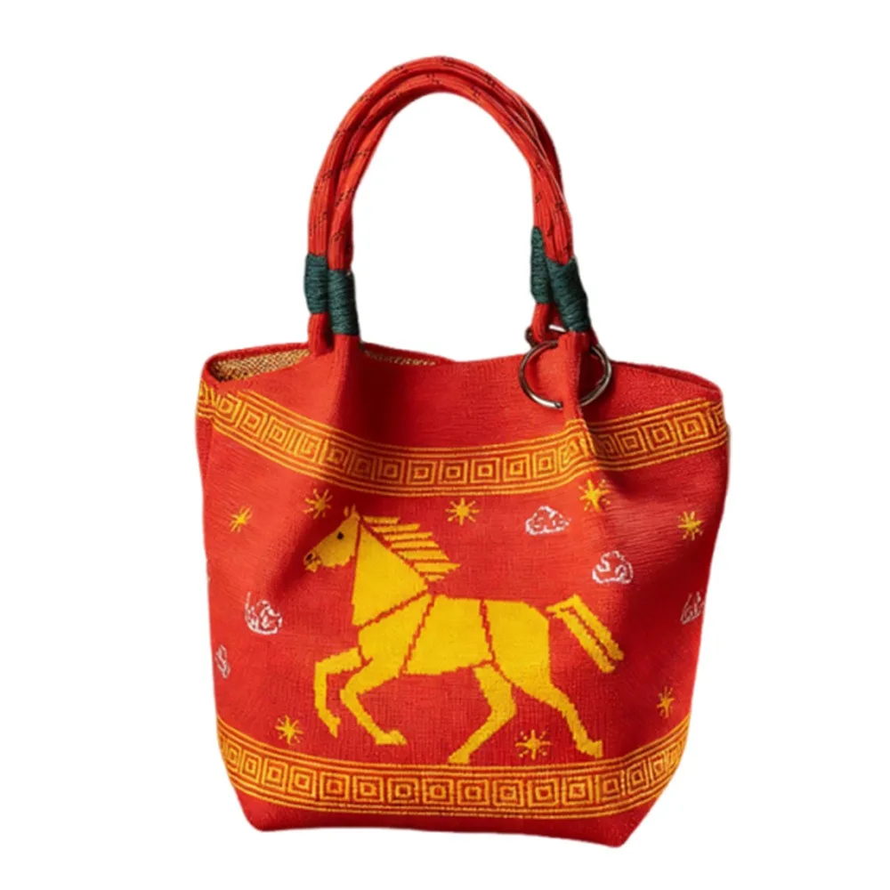 Large Capacity Knitted Handbag Polyester Fabric Embroidered Chain Tote Bag Macaron Color Cartoon Chinese Style Handheld Bag