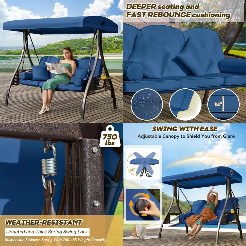 

"3-in-1 Outdoor Porch Swing with Adjustable Shade, Comfortable 3-Seat Swing for Adults, Patio Swing Chair with Plush Cushions"