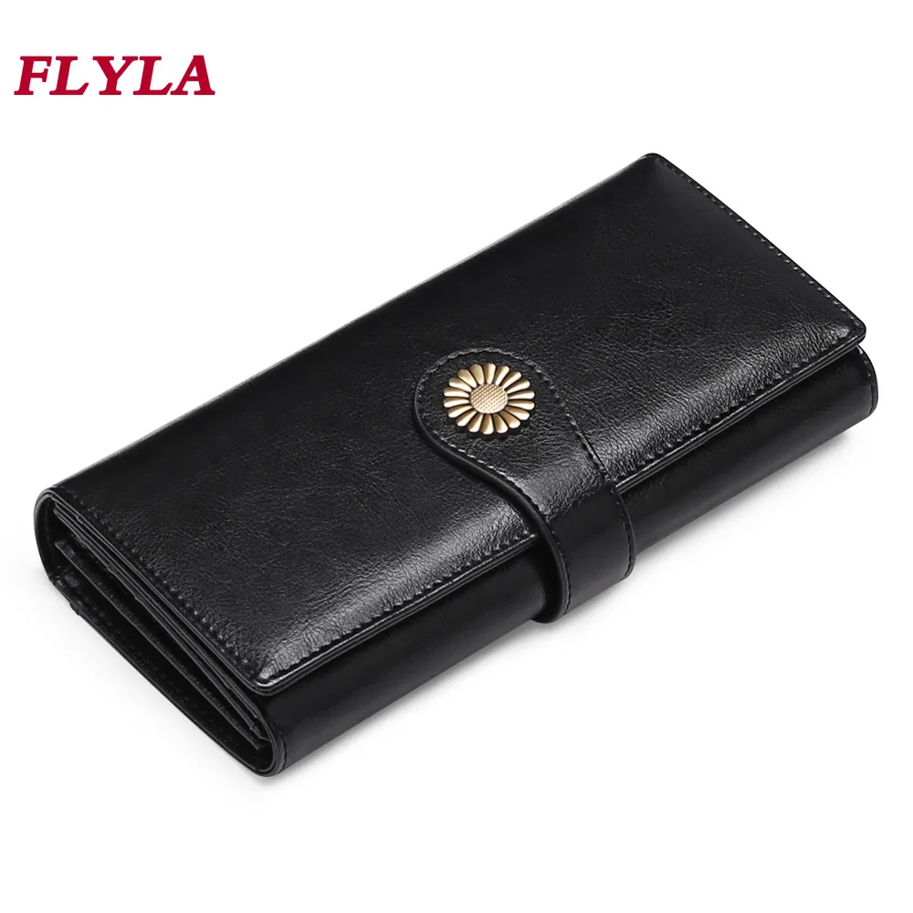 Women's leather wallet long section 2023 new retro oil wax leather wallet large capacity 3-fold wallet