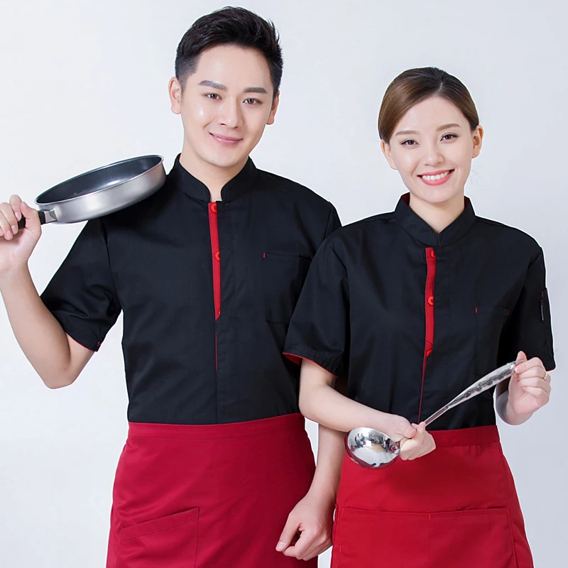 สีดำห้องครัว Uniform Hotel ฤดูร้อนผู้ชายเชฟอาหารทำอาหารแจ็คเก็ตร้านอาหาร Waiter แขนสั้น Overalls