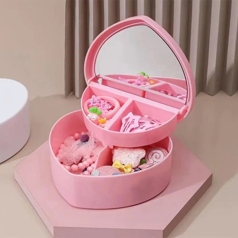 Fashion With Mirror Heart-shaped Jewelry Box Cute Two-layer Desktop Storage Box Cartoon Girls Makeup Storage Box Desk