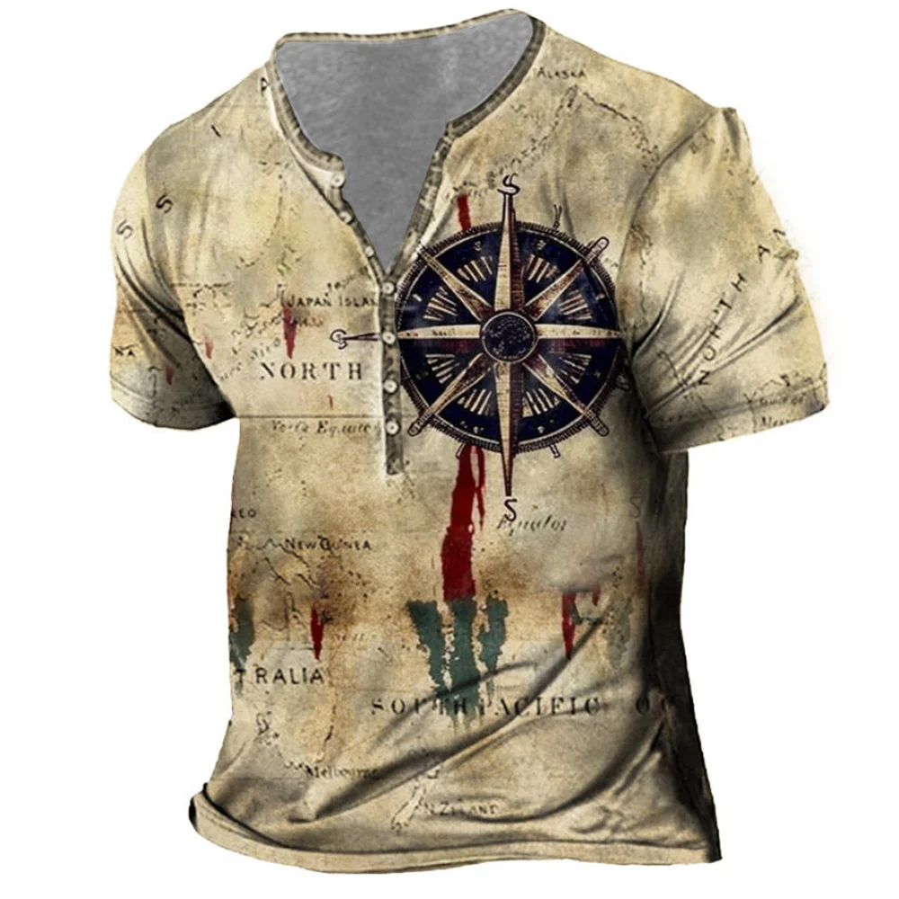 Vintage T-Shirt For Men 3D Knight Print Henley Shirt V-Neck Cotton Short Sleeve Oversized Tops Tee Shirt Men Clothing Streetwear