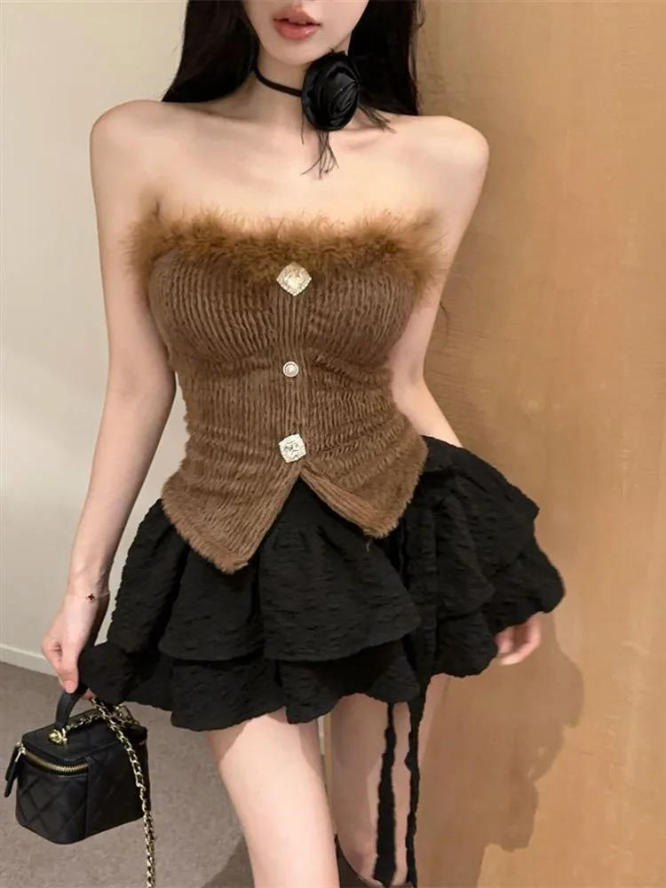 2025 Delicate Fur Patchwork Strapless Tank Women Off Shouler Backless Autumn Mini Camisole Sexy Cropped Streetwear Slim