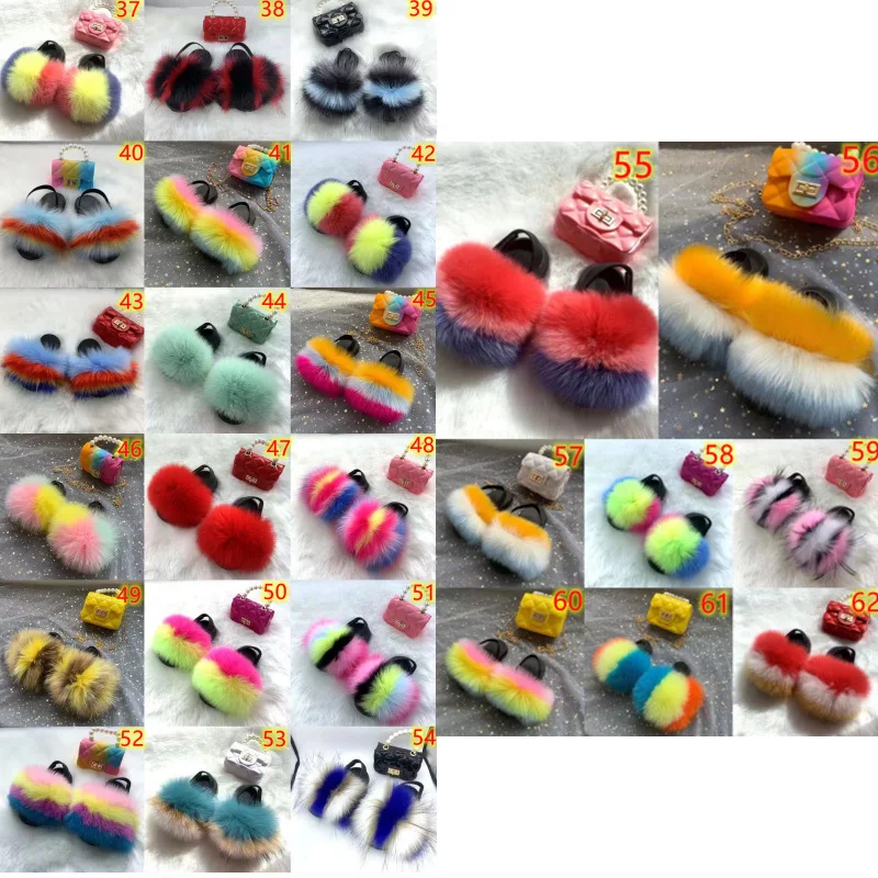 Girls Faux Fur Slippers Fullfy Furry Fur Slides Child Rainbow Jelly Bags Pearl Chain Handbag Toddler Kids Cute Fur Shoes Bag Set