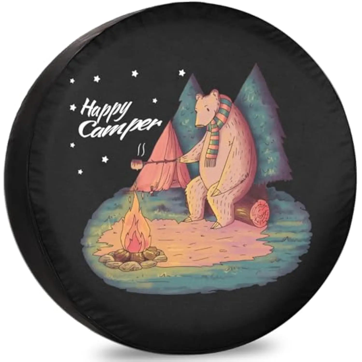 

Happy Camper Bear Roasting Marshmallow Spare Tire Cover For RV Trailer Camper Weatherproof 13Inch
