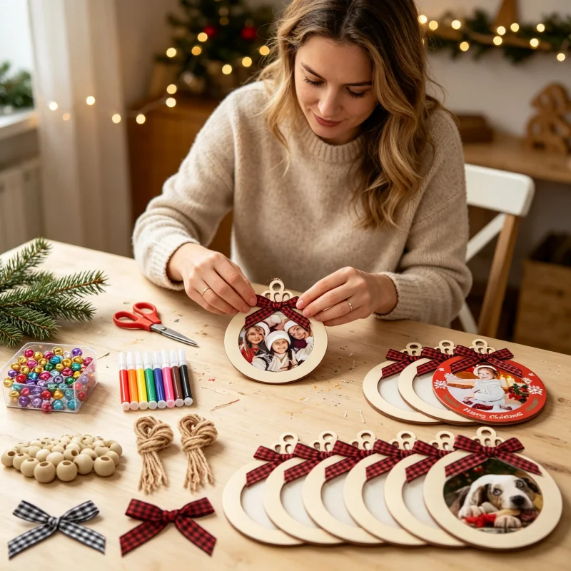 Christmas Wooden Picture Frame Pendant DIY Kit Blank Hanging Ornament Plaid Bow Bead Rope for Xmas Tree Home Holiday Decor Gift