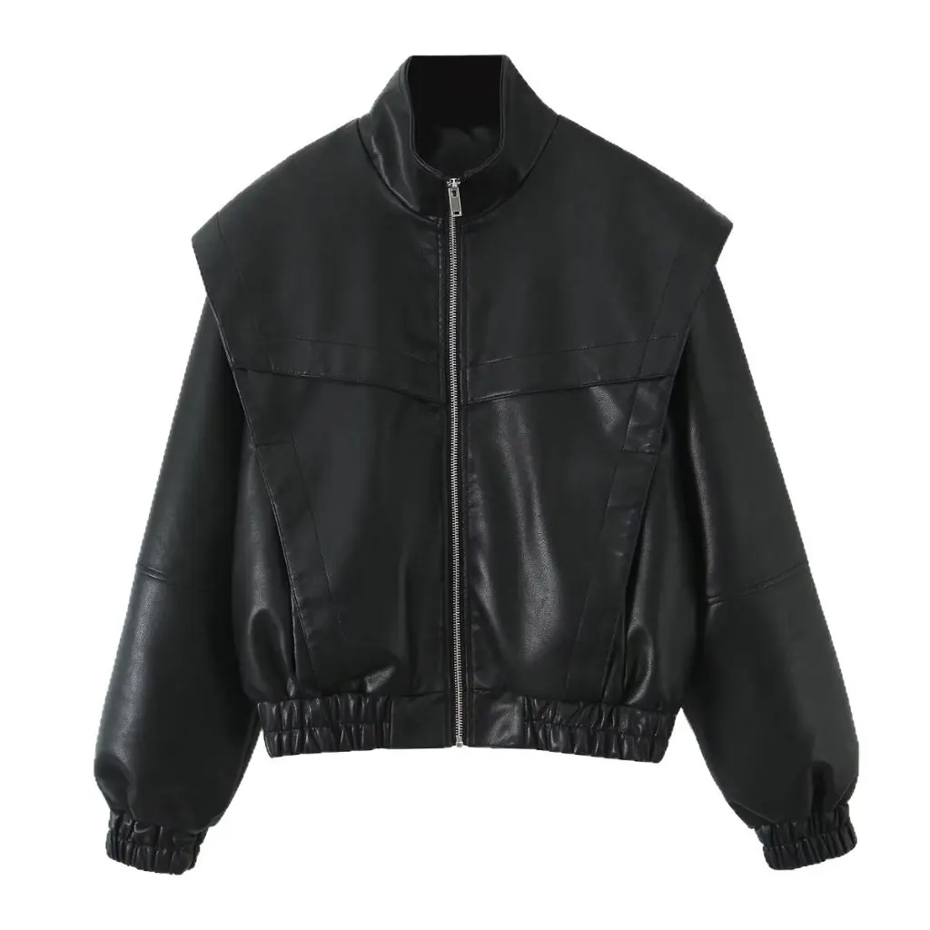 

Women's Retro Large Shoulder PU Leather Jacket Zipper Design European American Style Autumn New Fashion Top