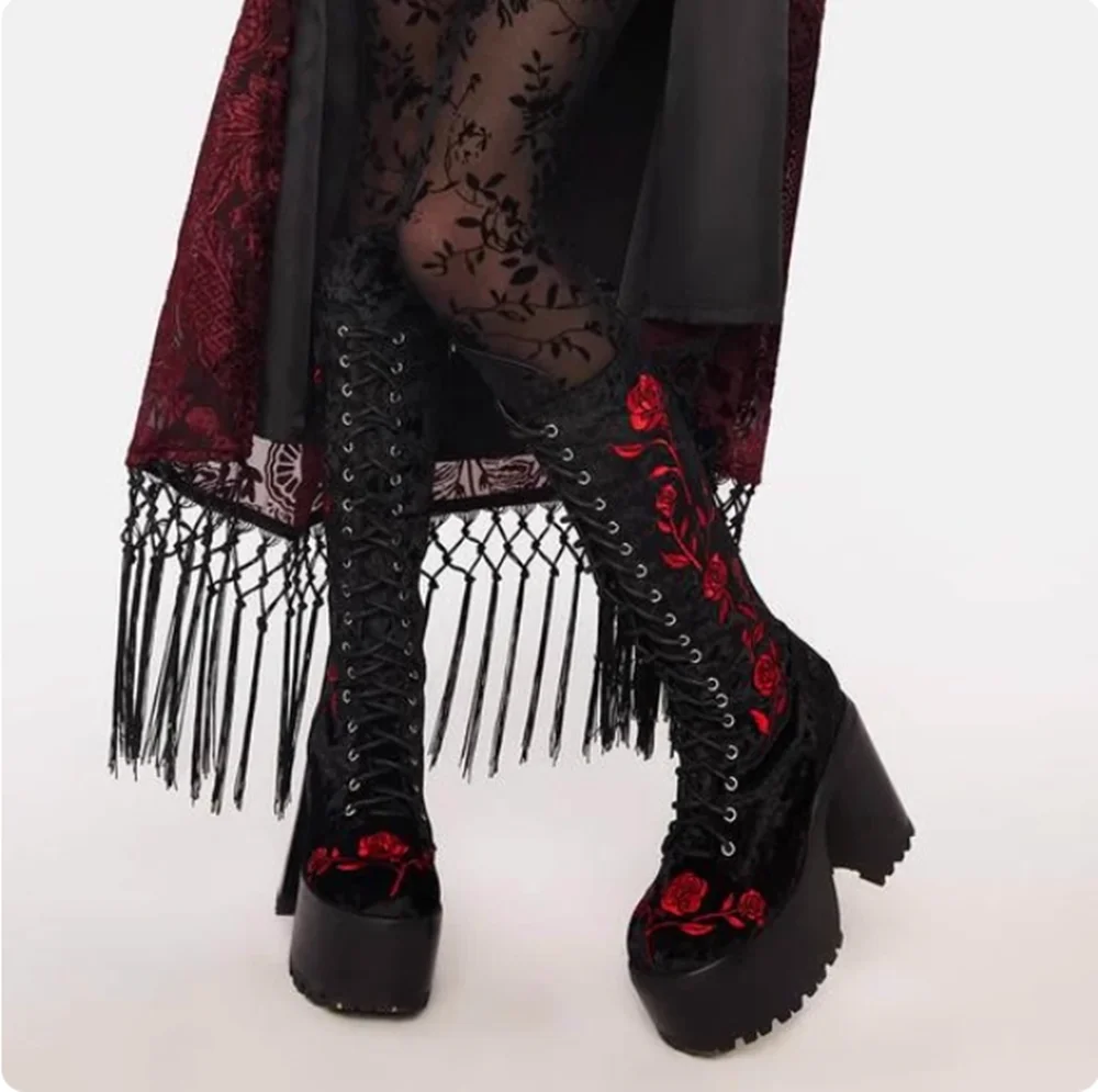

Black Suede Rose Embroidery Knee-High Boots Red Satin Lace-Up Straps Chunky Platform Heel Dark Gothic Style Boots Fashion Looks