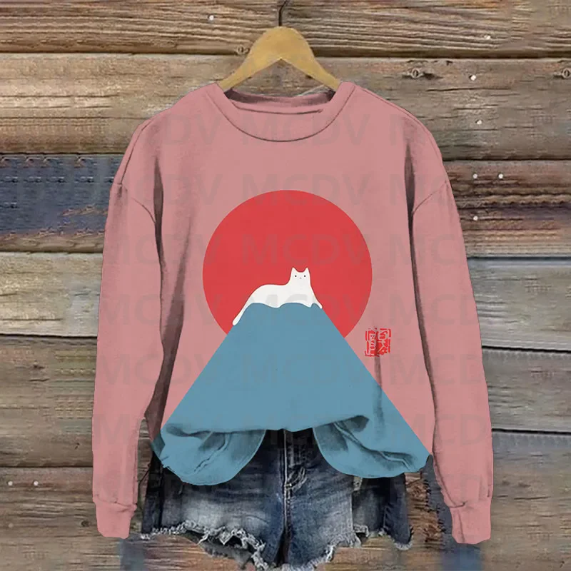 

White Cat Snow On Mount Fuji Japanese Art Print Sweatshirt 3D Printed Women Casual Pullover