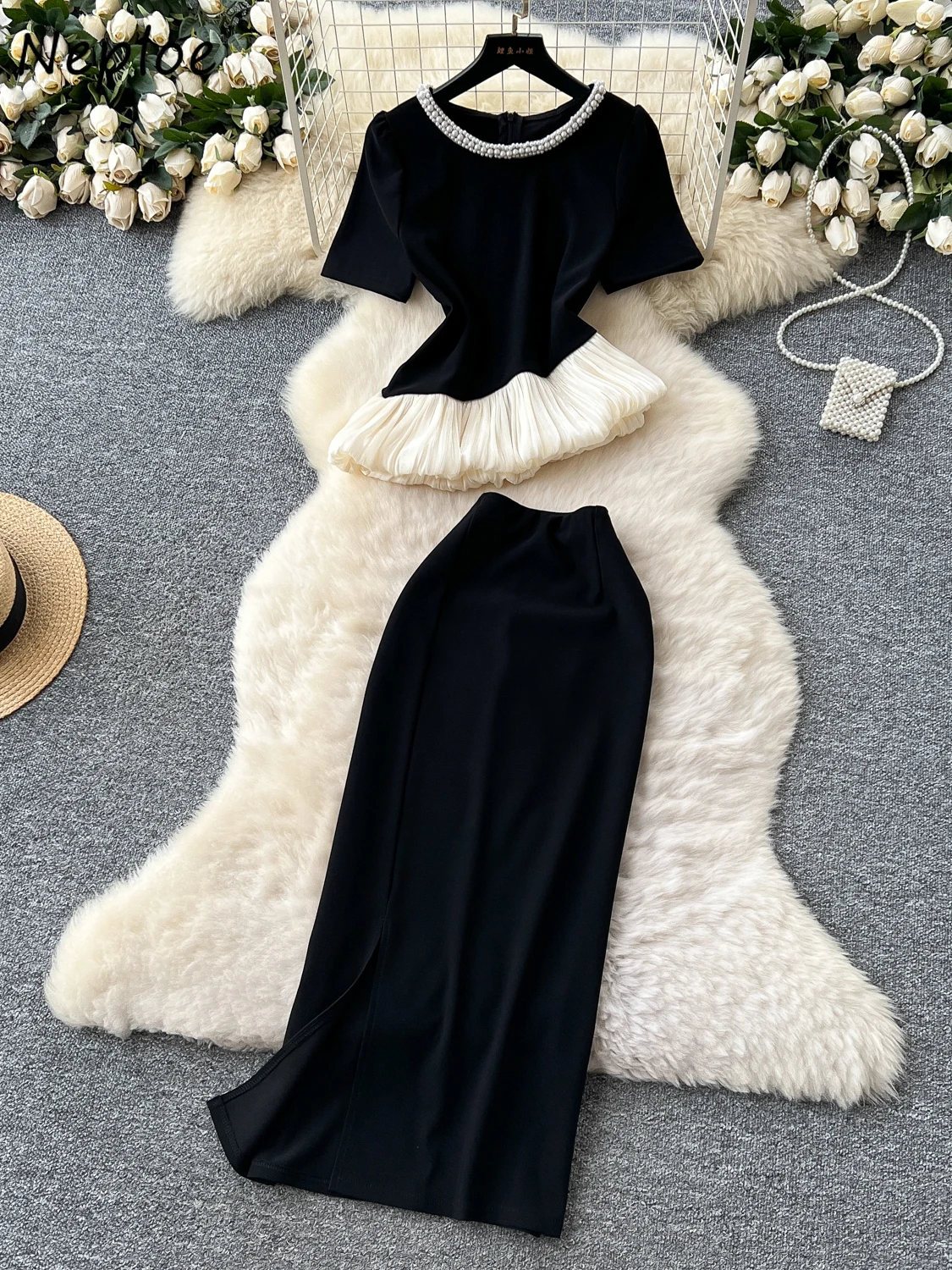 

Neploe Luxury Beading O Neck Half Sleeve Suit Tops Irregular High Waist Bodycon Straight Skirt Advanced Small Fragrance Faldas