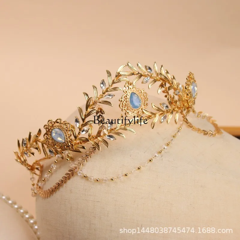 

New European and American style retro protein diamond golden leaf crown bride photo studio performance headgear baroque