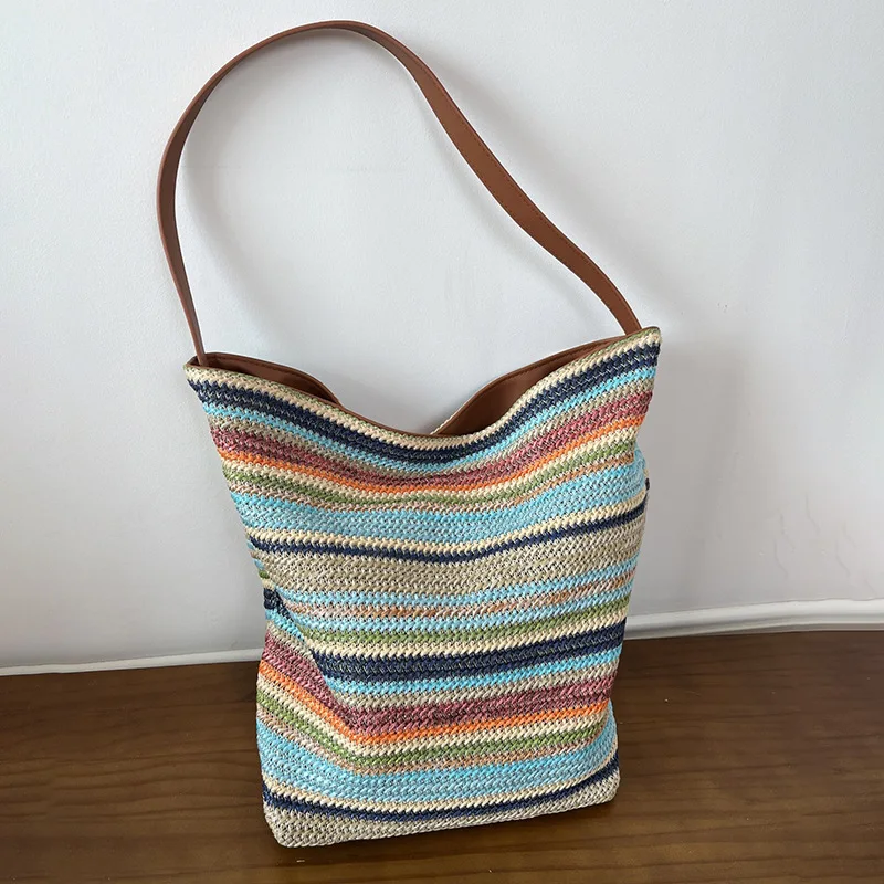 

Fashionable Large-capacity Colorful Striped Woven Bag, New Trendy Versatile Commuter Single-shoulder Crossbody Tote Bag
