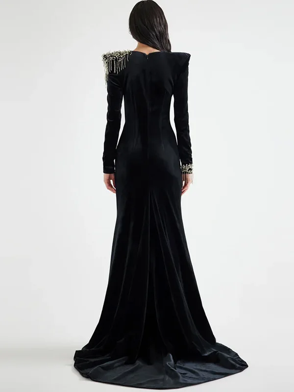 Ele Long Bla Fi Tail Dr round Ne Beaded Wrap Women's Faionable Slimming Gown Vintage Sle Evening Gown