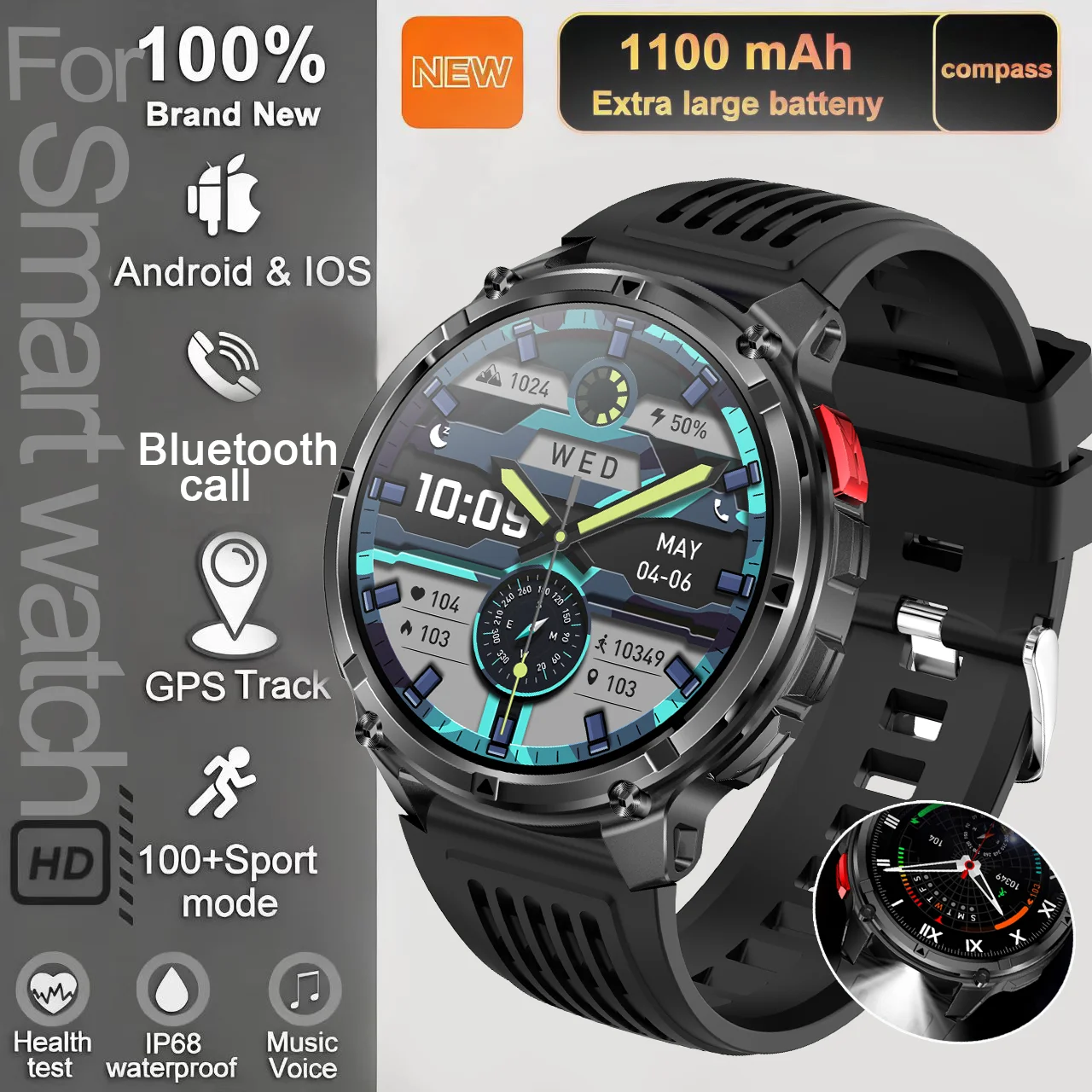 

High appearance level smartwatch, 1.7-inch 1100mAh large battery, LED flashlight, BT call outdoor sports compass,IP68waterproof