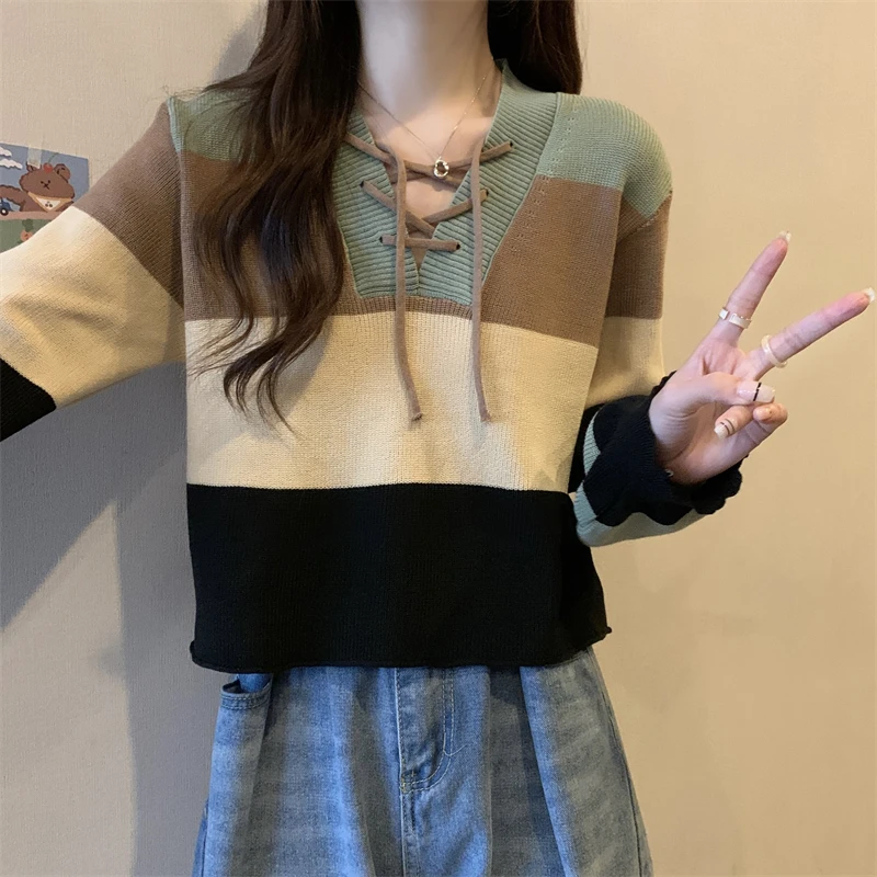 Korean Fashion Color matching Knitted Sweater Woman spring Pullover Harajuku lace up Cropped Tops korean Casual Jumper Sweaters