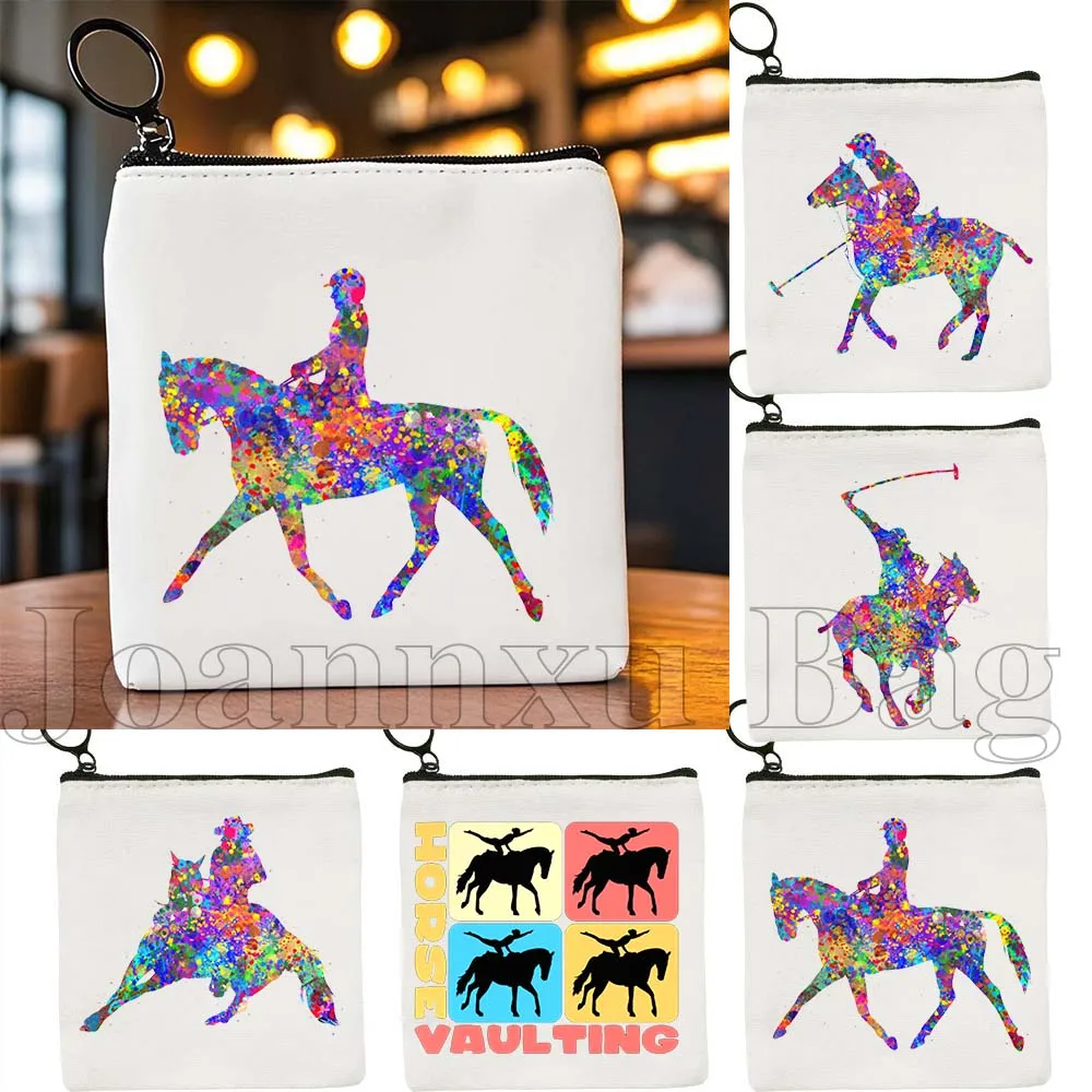 

Equestrian Barrel Racing Rider Horse Vaulting Riding Polo Player Canvas Coin Purse Bag Square Key Storage Card Bag Wallet Pouch