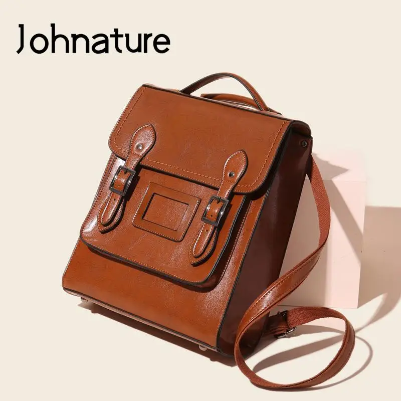 

Johnature Fashion Shoulder Bag Women Backpack 2024 New Leisure Solid Color Oil Wax Cowhide Large Capacity Travel Backpacks