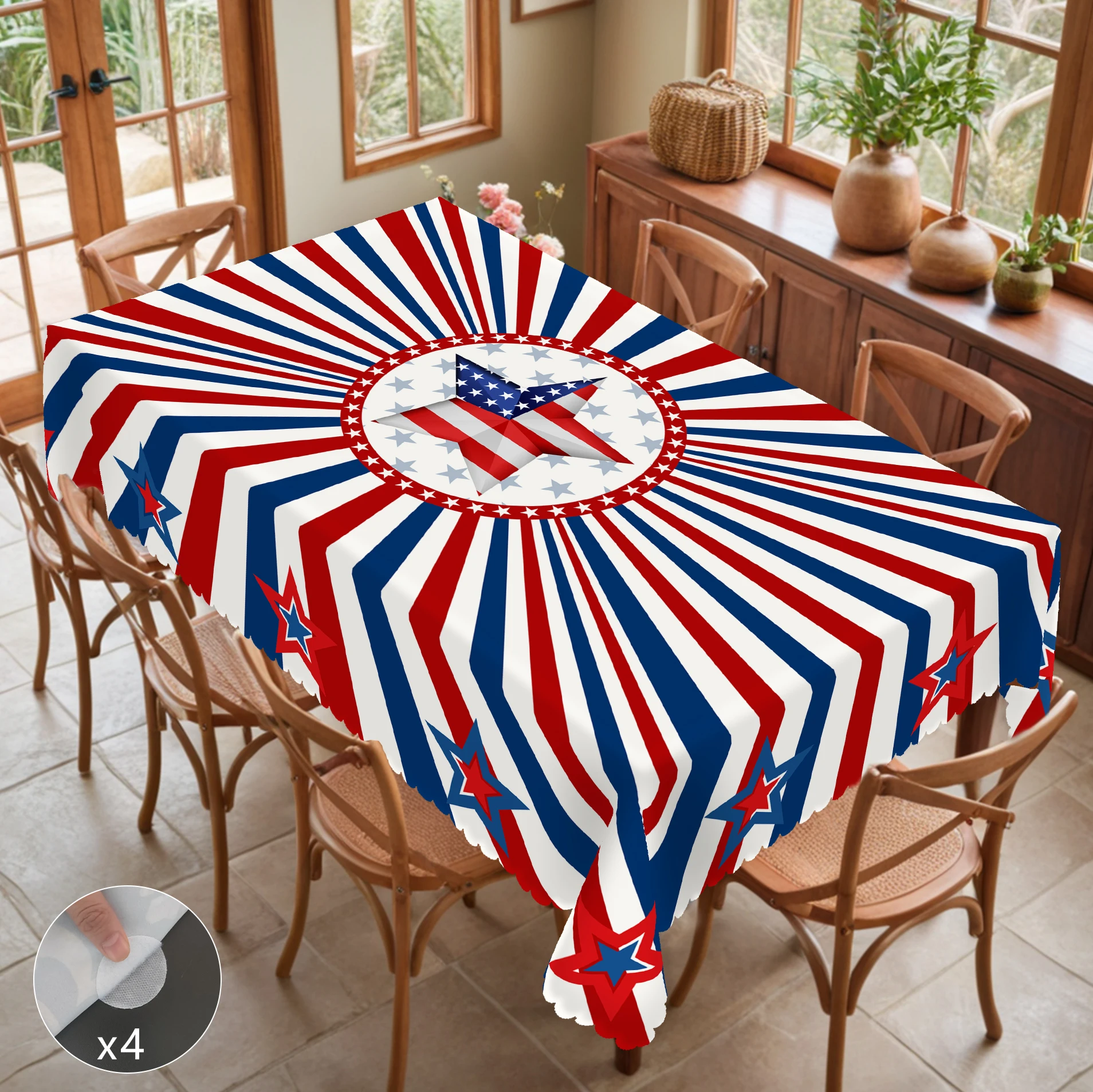 1 Piece of Independence Day Five-Pointed Star Printed Rectangular Tablecloth, Red, Blue and White Stripes, Flag Pattern Death Anniversary Party Round Tablecloth, July 4Th Day Party Decoration Tablecloth, Home Table Decoration, Courtyard Table Decoration, Suitable for Daily Home Kitchen, Restaurant Terrace Indoor and Outdoor Use