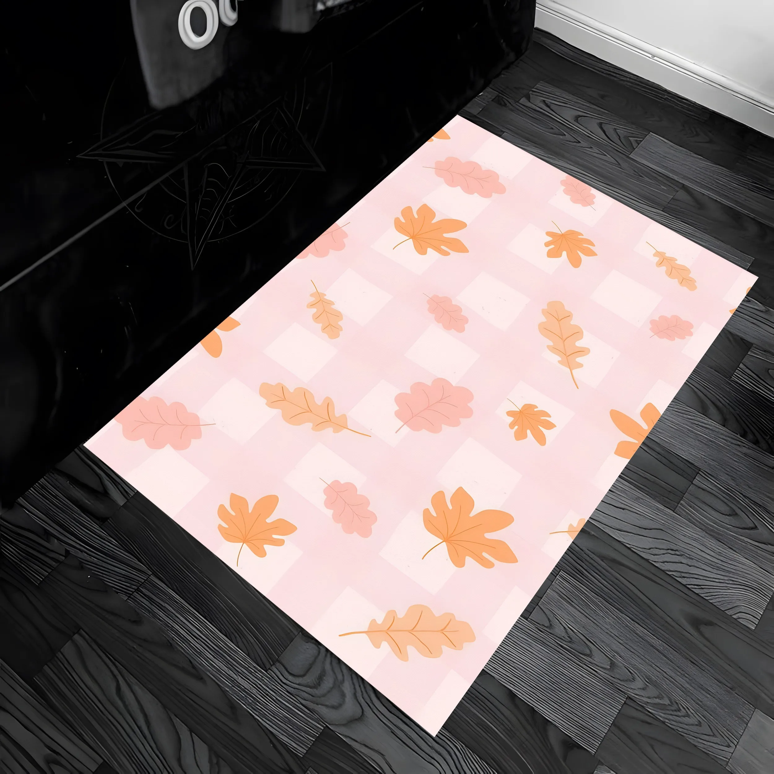 2D Carpet Pink Checkered Background Scattered Orange Pink Leaves Creates Sweet Fresh Pleasing Look Perfect Warm Thanksgiving Aut