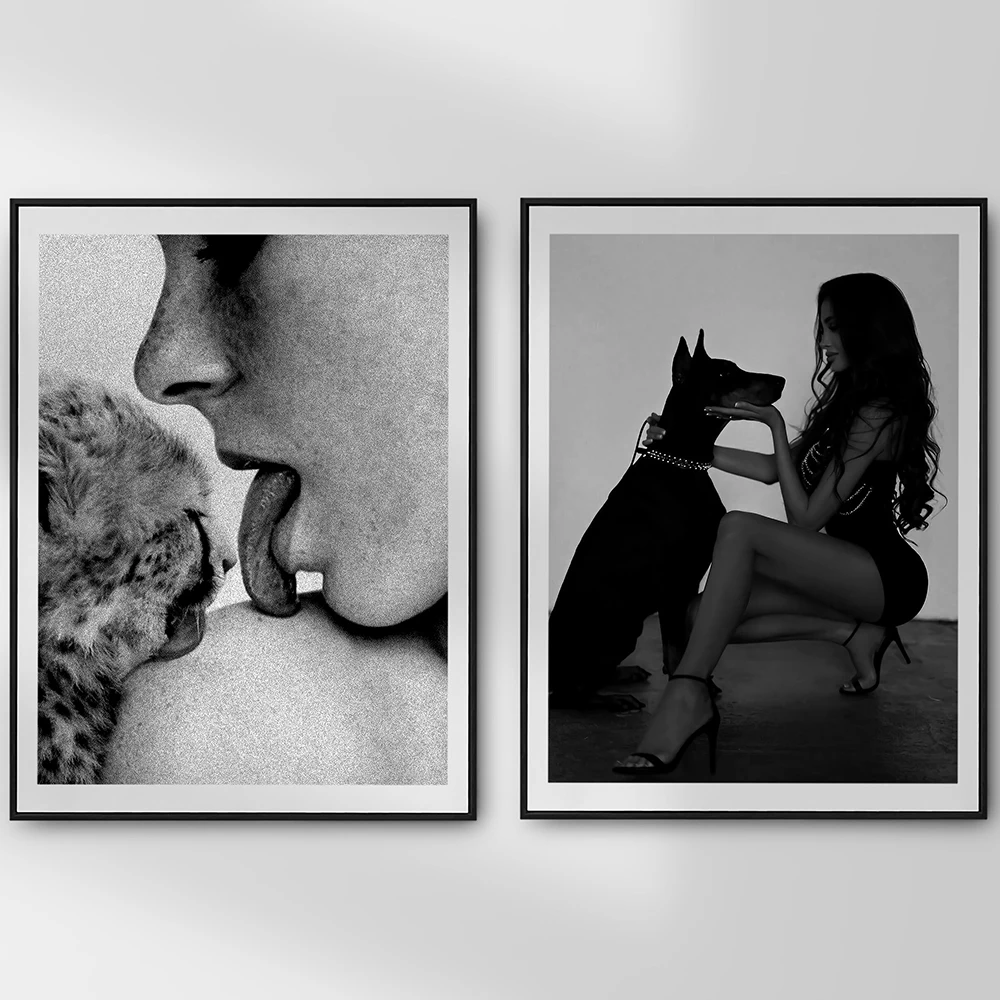 Cheetah Poster Black and White Luxury Fashion Print Trendy Woman With Doberman Wall Art Vintage Photography Teen Girl Room Decor