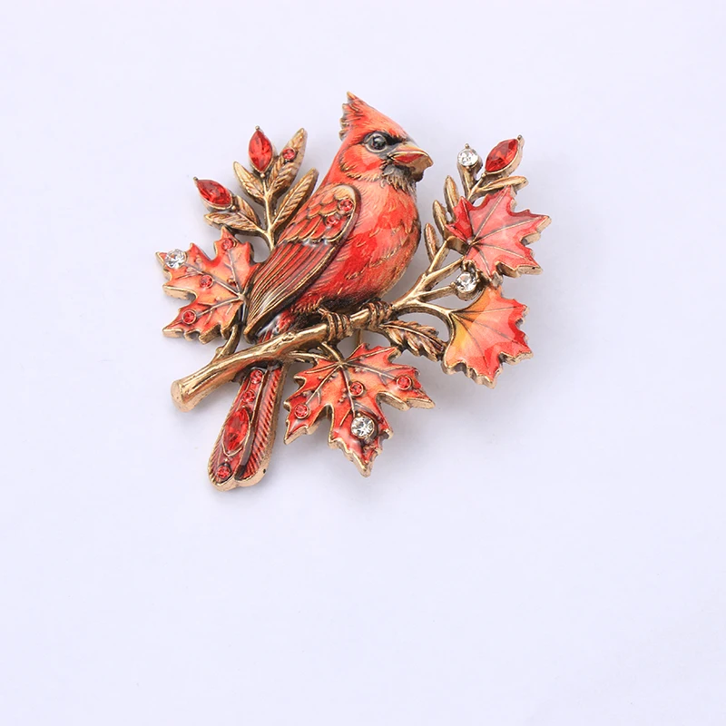 Vintage Cardinal Bird & Maple Leaf Rhinestone Brooch Pin Women Costume Jewelry