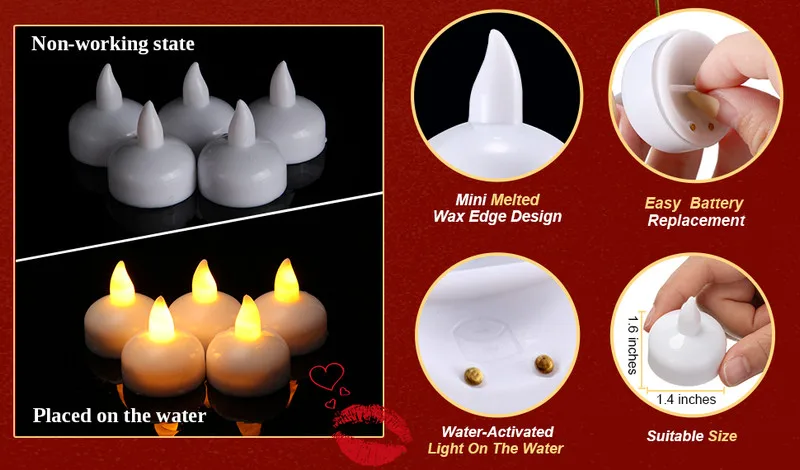 12 قطعة/الوحدة عديمة اللهب العائمة LED tealight شمعة ضوء بطارية تعمل السائل الاستشعار الزفاف عيد الميلاد ديكور الحفلات-تغيير اللون