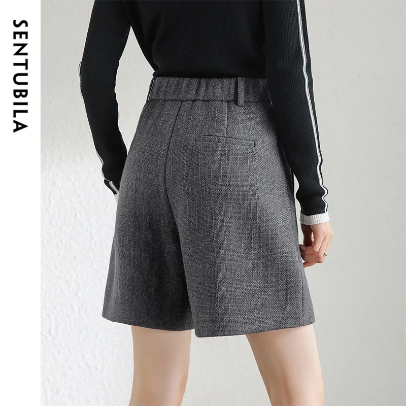 SENTUBILA Straight Shorts for Women 2024 Autumn Winter A-line Grey High-waist Office Lady Knee-length Suit Shorts 144K57227