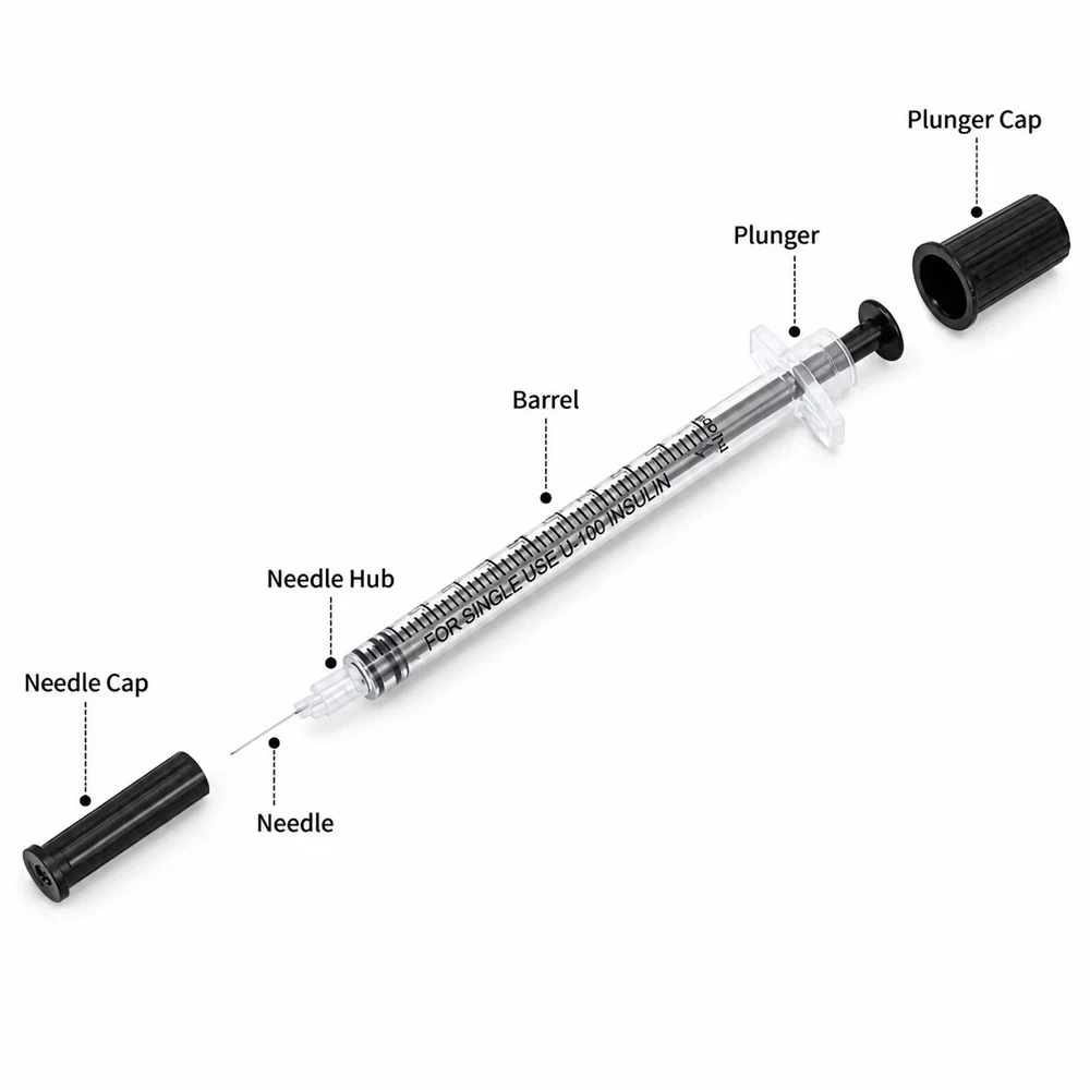 100Pack 1ML 1CC 31G 8mm Black Disposable Sterile Veterinary Syringe with Needle for Dogs Cats Pets Animal Care