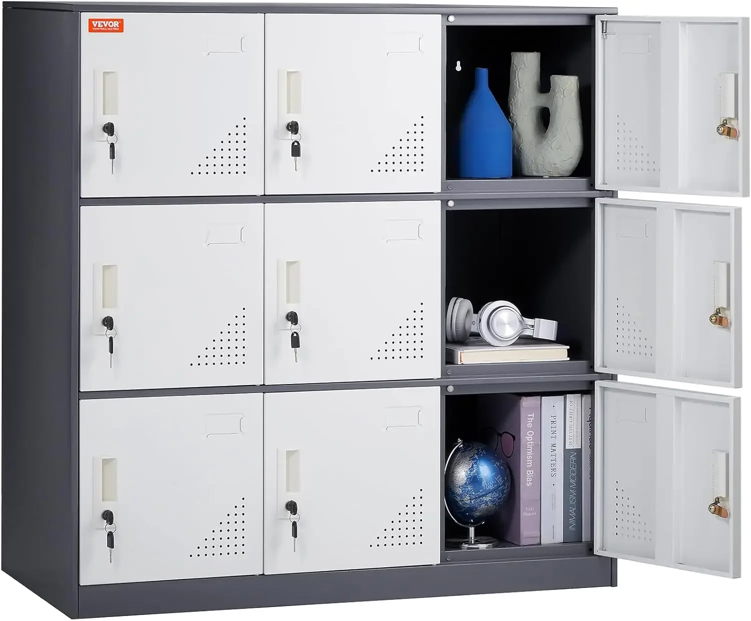 

Metal Locker for Employees, 9 Doors Storage Cabinet with Card Slot, Gray Steel Employee Lockers with Keys