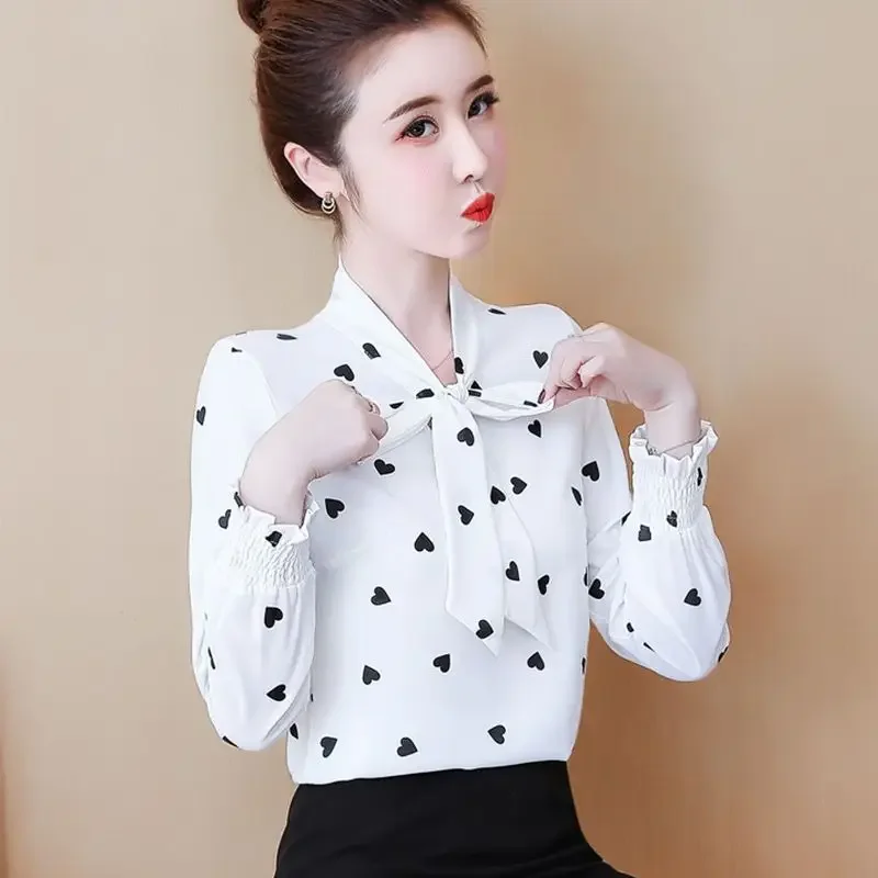 S-4XL بلوزة شيفون المرأة بأكمام طويلة جديد ربيع الخريف الكورية فضفاضة المناسب موضة طباعة قاع قميص