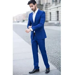 Blue Men Suits High Quality 2024 Slim Fit Casual Single Breasted Notch Lapel Blazer Flat Business Office 2 Piece Jacket Pants