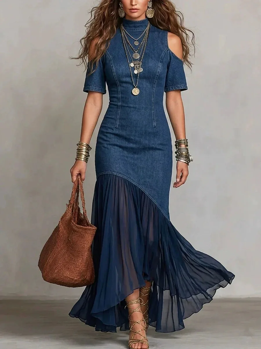 Damen Cold-Shoulder Jeans-Maxikleid mit Chiffon-Saum, figurbetontes Party- und Streetwear-Kleid im Vintage-Stil, schmal geschnitten, elegant, langes Sommerkleid