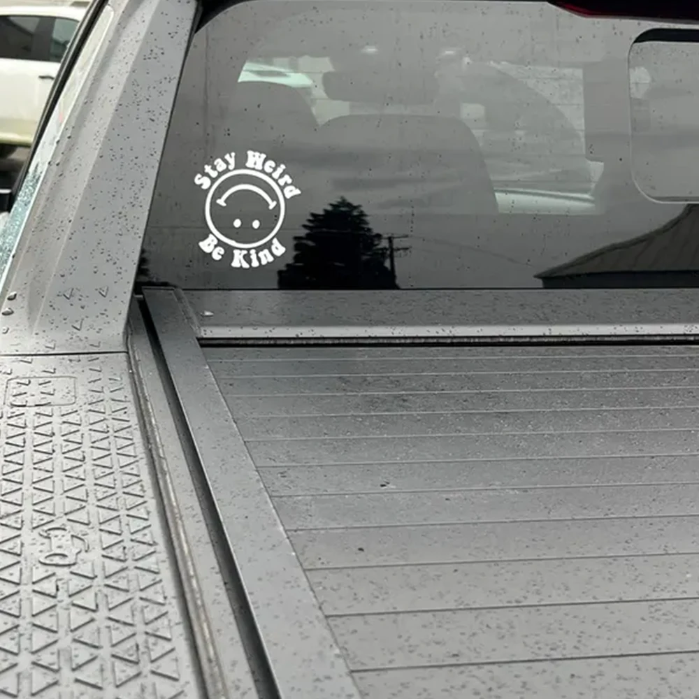 Stay Weird Be Kind Quote Car Sticker Retro Smile Face Graphic Decal For Car Rear Window Exterior Accessories Vinyl Decal
