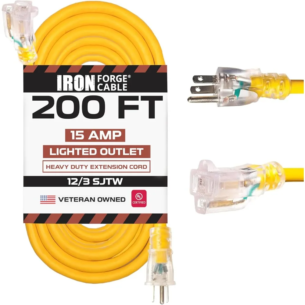 12 Gauge Extension Cord 200 ft, SJTW 15 Amp Yellow Outdoor Electrical Cable 3 Prong Grounded, Great for Major Appliances