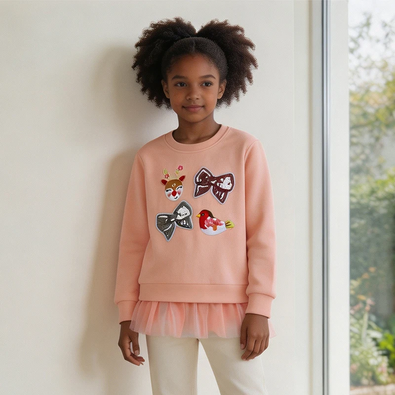 Autumn new arrival girls' sweatshirt European and American style sequin bow knot knitted cotton crew neck toddler top