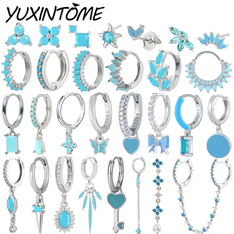 

925 Sterling Silver Ear Needle Fashionable Literary and Fresh Geometry Silver Blue Turquoise Round Earrings Pendant Ear Jewelry