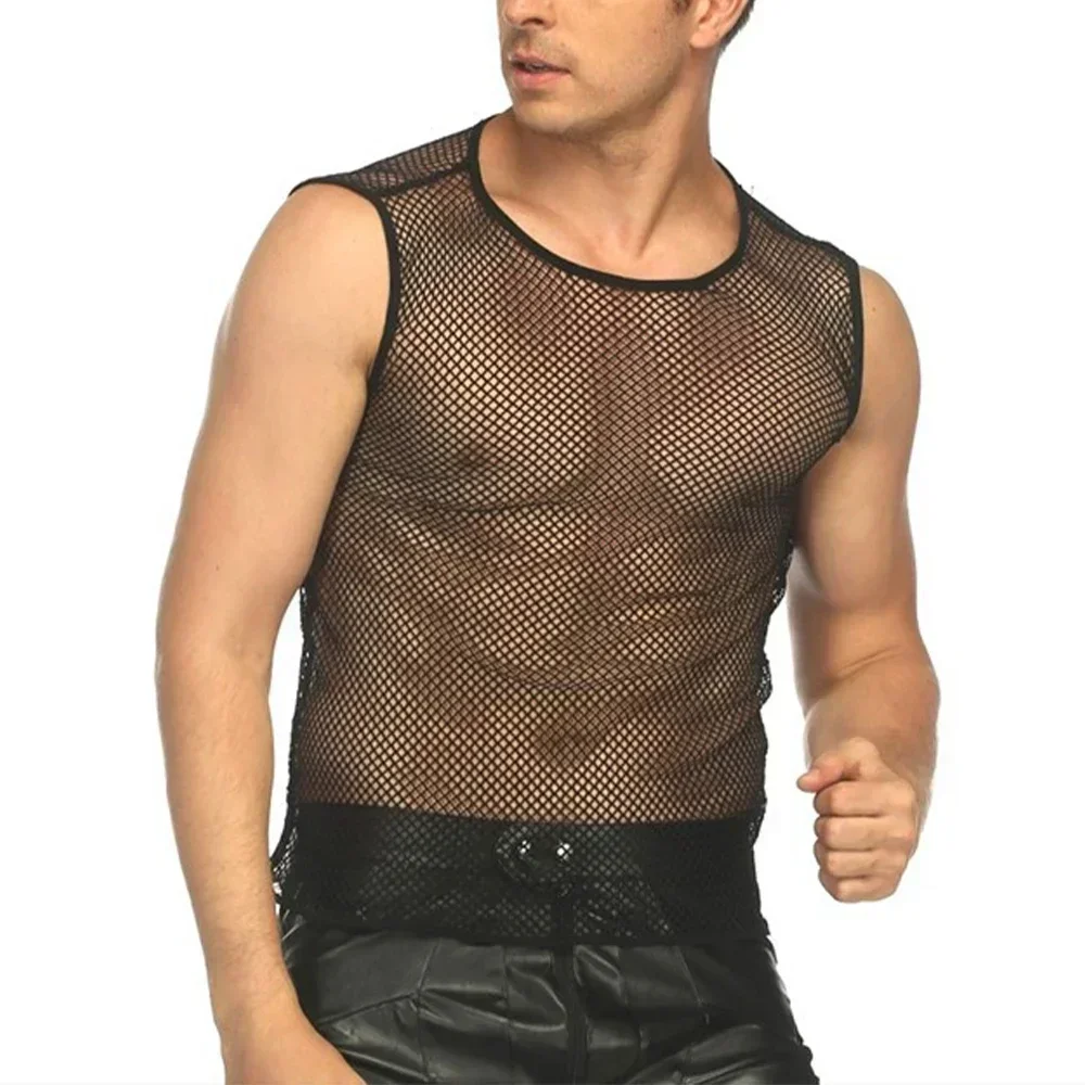

Sexy Men's Round Necked Tank Top Fun Lingerie Mesh Perspective Sexy Fishing Net Hollow Fitness Sweatshirt Sports Slim Fit