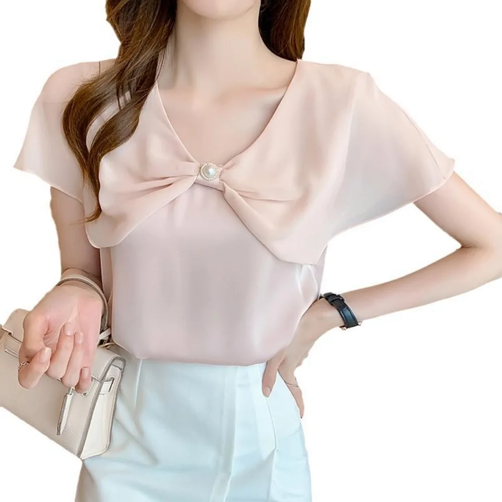 Fashionable and stylish short sleeved chiffon shirt for women\'s summer wear in 2024 new design sense bow slimming thin top women