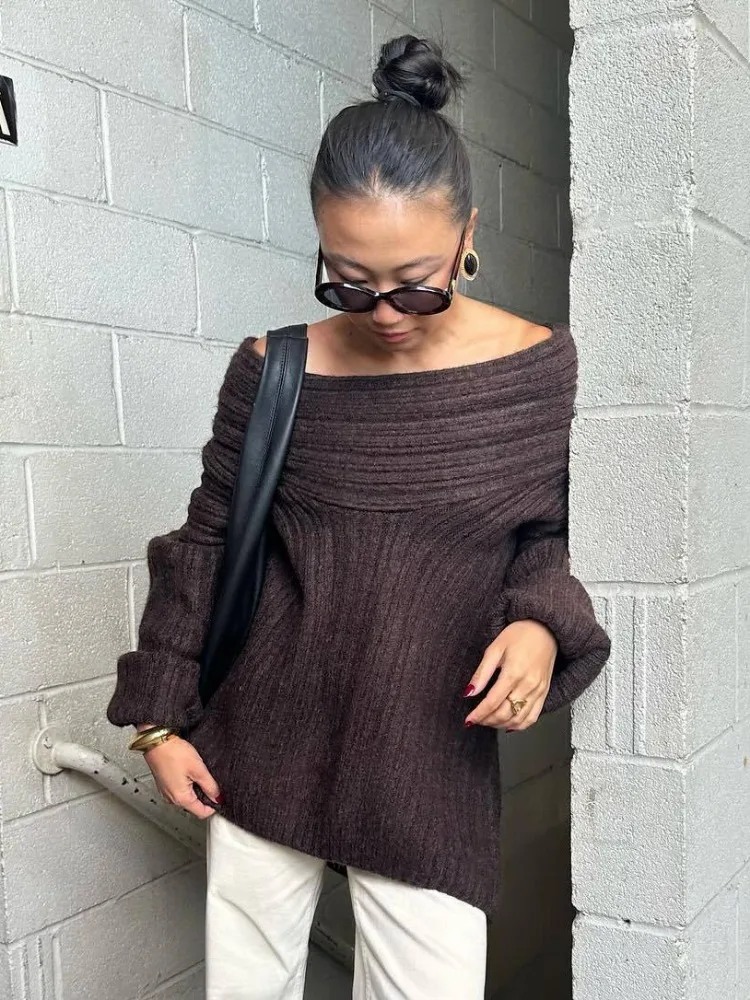 Autumn Oversized Sweater for Women Sexy Slash Neck Knit Pullovers Long Sleeve Women's Sweater Loose-fit Casual Knitwear 2024