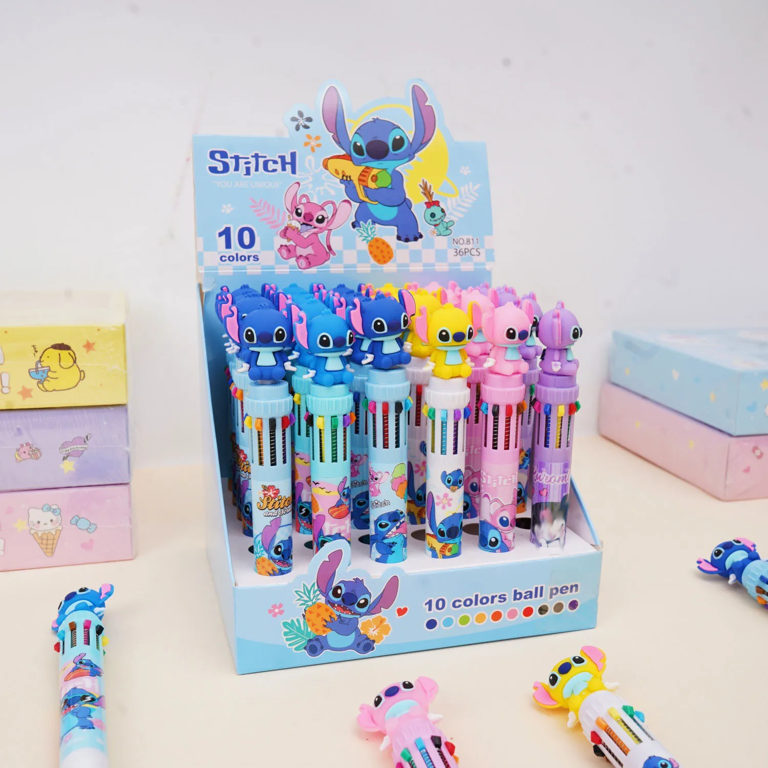 

12/36pcs Stitch 10 Color Ballpoint Pen Cartoon 0.7 Press Multicolor Pen Student Diy Hand Point Pen Stationery