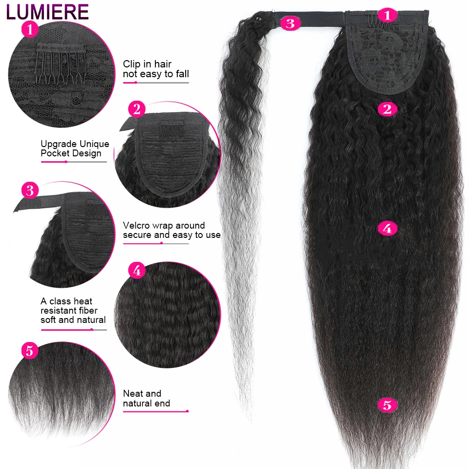 Coda di cavallo dritta Yaki crespa 100% capelli umani grezzi vergini avvolgenti clip in parrucchino colore nero naturale coda di cavallo capelli 8-24"
