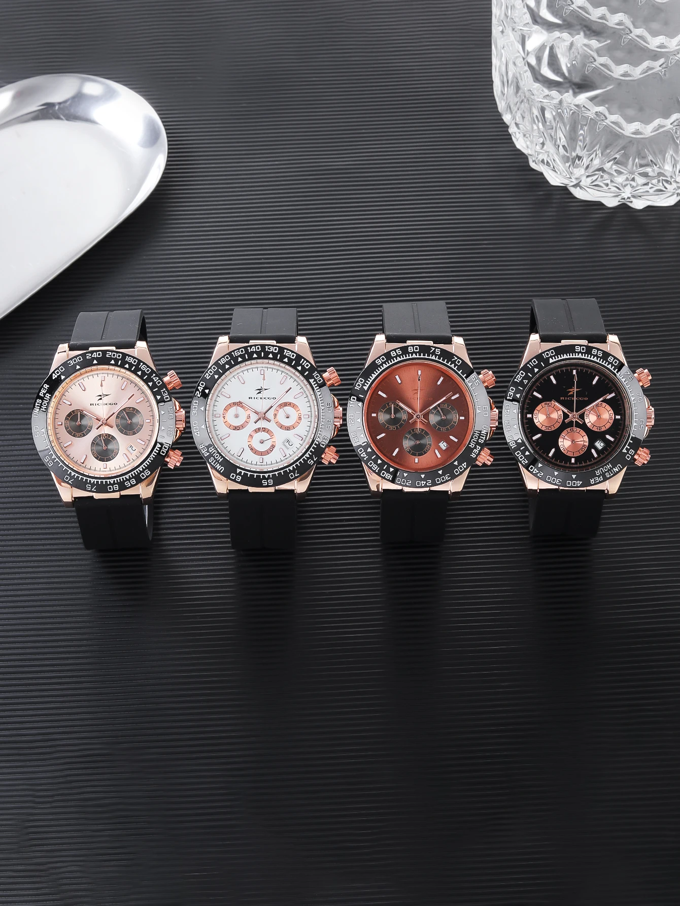 Ricecgo Three-Eye Six-Hand High-End Men's Watch, Quartz Watch, Multi-Function Chronograph Calendar, Rubber Wristwatch, High Quality, Suitable for Holiday Gifts