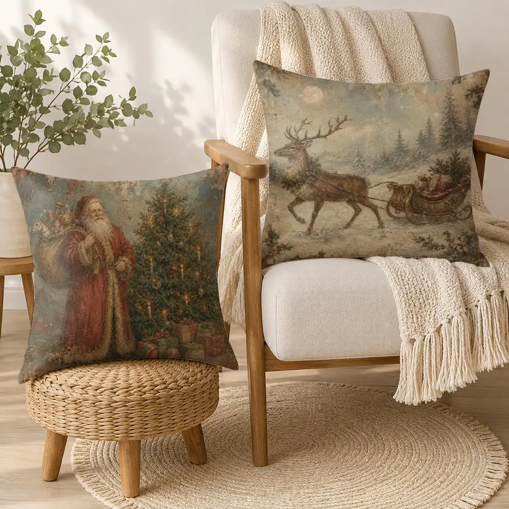 Vintage Christmas Cushion Cover Soft Plush Cushion Case Throw Pillowcase Cozy Home Sofa Bed Living Room Bedroom Decor