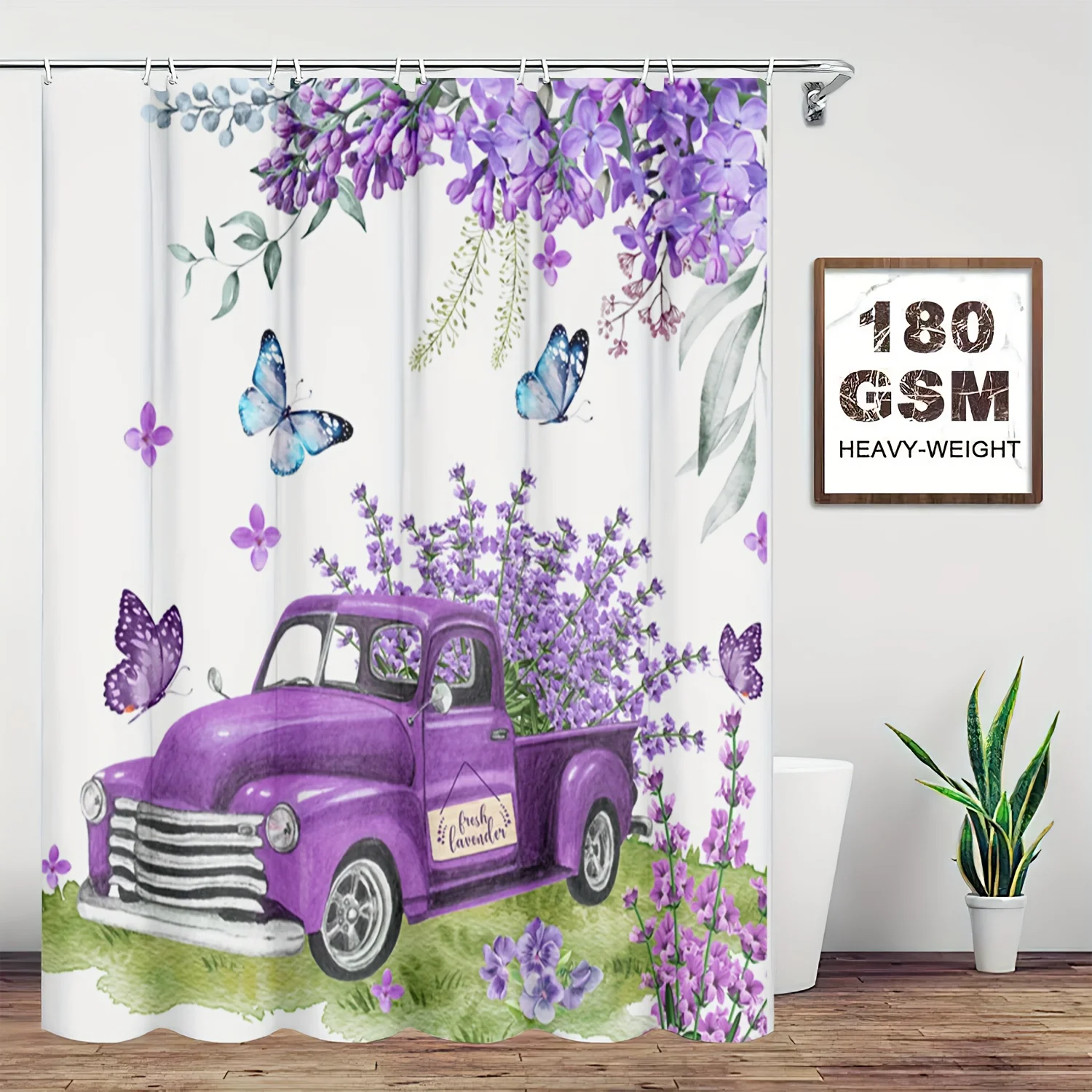 Charming Lavender and Vintage Truck Bathroom Four-Piece Set - Featuring a Delightful Design with Purple Lavender, Butterflies