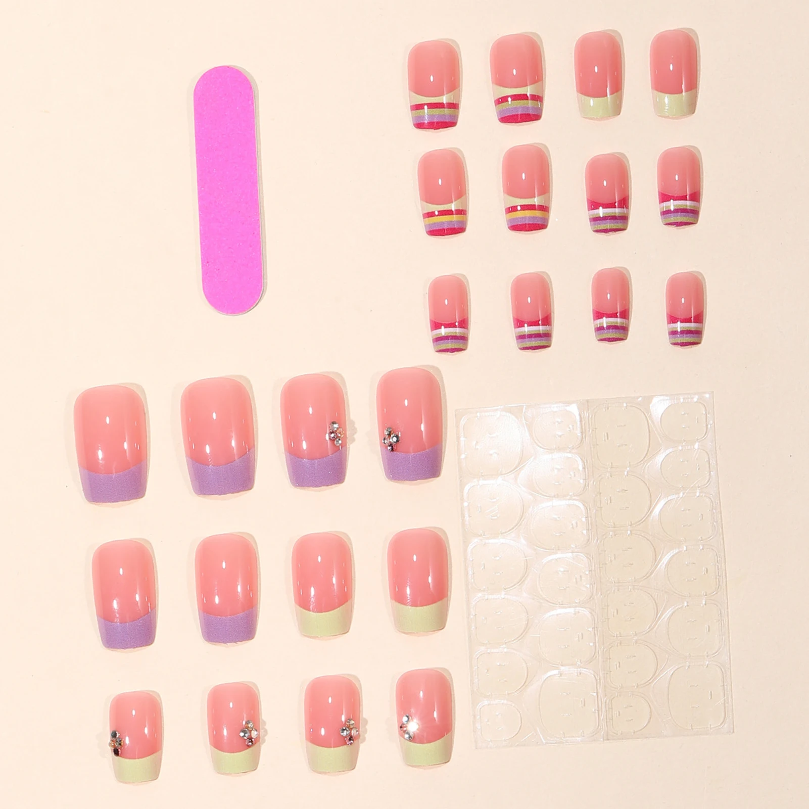 Wedding Party Press on Nails Rainbow Striped Yellow French Fake Nails with Rhinestones Resin Artificial Nails for Women 24Pcs