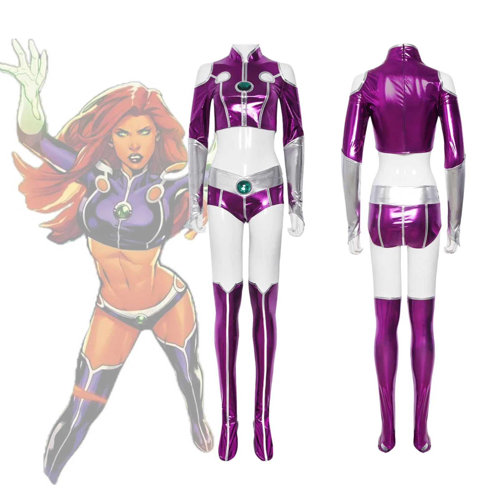 

Starfire Cosplay Costume Teen Titans Purple Metallic Shiny Crop Top Shorts Set Female Superhero Battle Suit Halloween Outfit