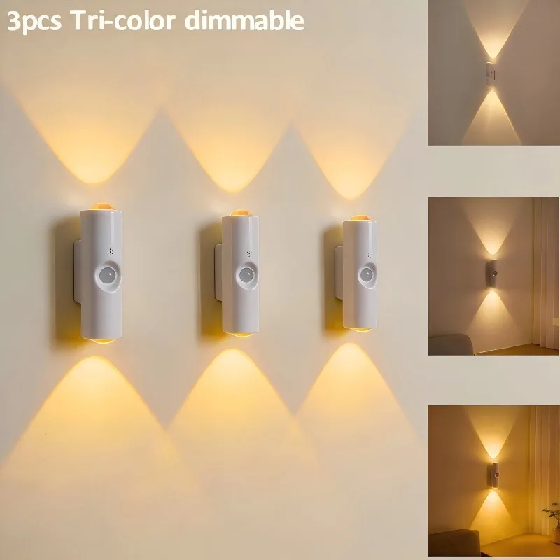 1/2/3pcs White Wall-Mounted Motion Sensor Light LED Dual-Light Source Ambient Lamp Multi-Color Dimmable Bedroom Night Light